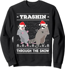 Trashin Through The Snow Garbage Gang Opossum Raccoon Santa Sweatshirt
